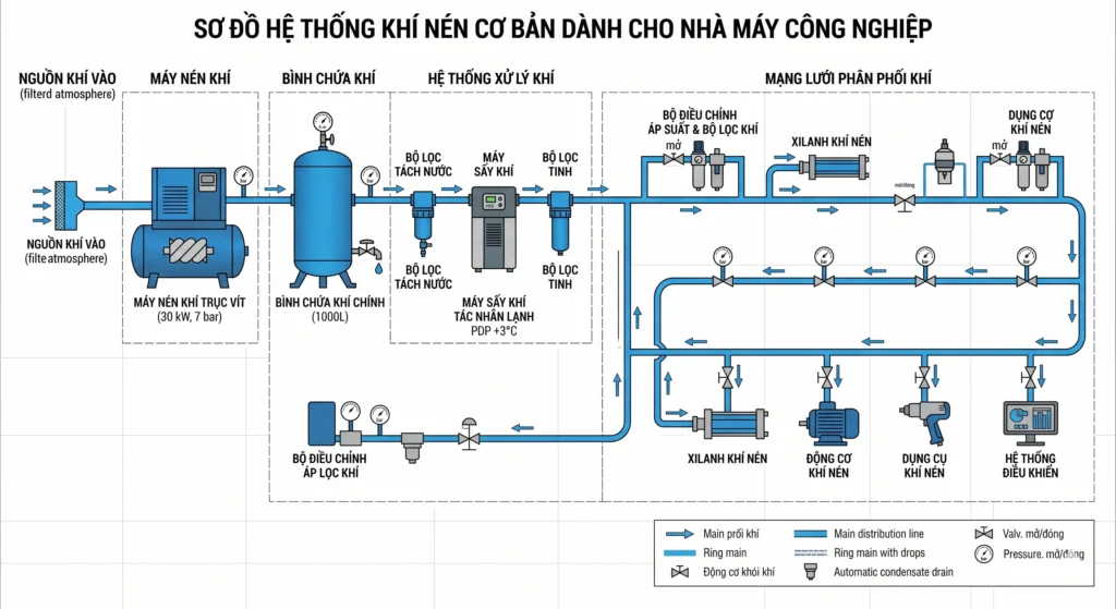 Sơ đồ hệ thống khí nén công nghiệp cơ bản